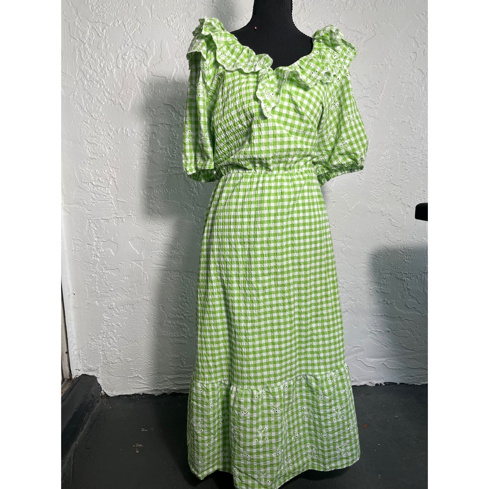 The Get Green Gingham Eyelet Ruffle Maxi Dress Pockets Size XL